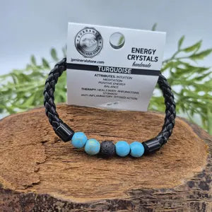 Turquoise Howlite Crystal and Lava Stone Leather Bracelet with Magnnetic Clasp