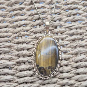 Tiger Eye Necklace with Brass Chain – 48cm – Handmade Brass Pendant