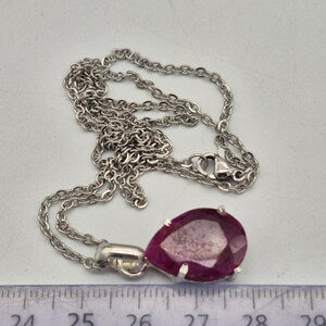Faceted Ruby Necklace 925 Sterling Silver Bezel Pendant - Steel Chain