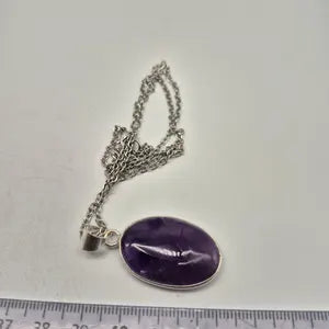 Amethyst Silver Plated Necklace in Steel Chain - Purple Crystal Pendant Necklace