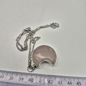 Rose Quartz Crescent Moon Necklace – Silver‑Plated Pink Gemstone on Steel Chain