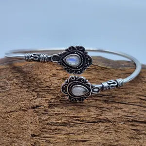Silver Plated Moonstone Bangle Bracelet: Adjustable Crystal Torque