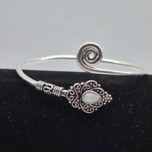 Silver Plated Moonstone Bangle Bracelet: Adjustable Crystal Torque