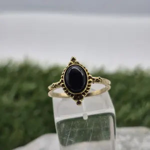 Black Tourmaline Adjustable Brass Ring for Women