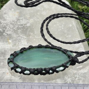 Green Agate Slice Necklace: Macrame Wrapped Brazilian Crystal