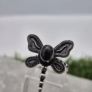 Black Tourmaline Butterfly Ring – Silver Plated Adjustable Gemstone Ring
