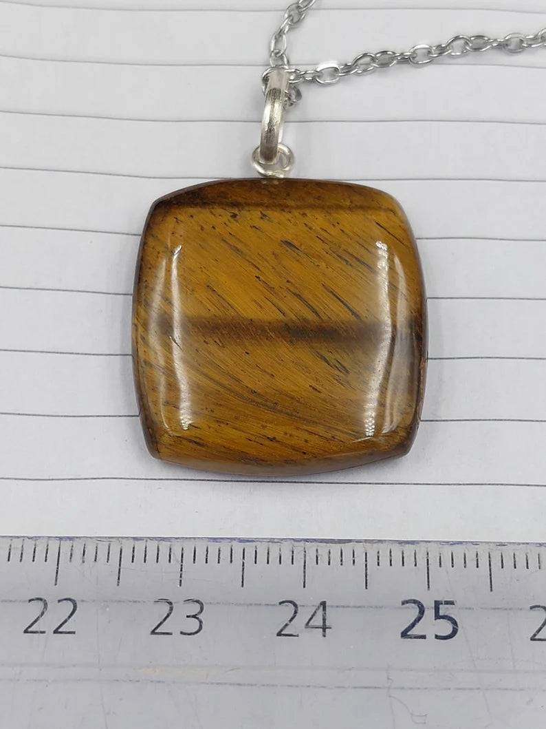 Handmade Yellow Tiger's Eye Pendant Sterling Silver Chain, Healing Crystal