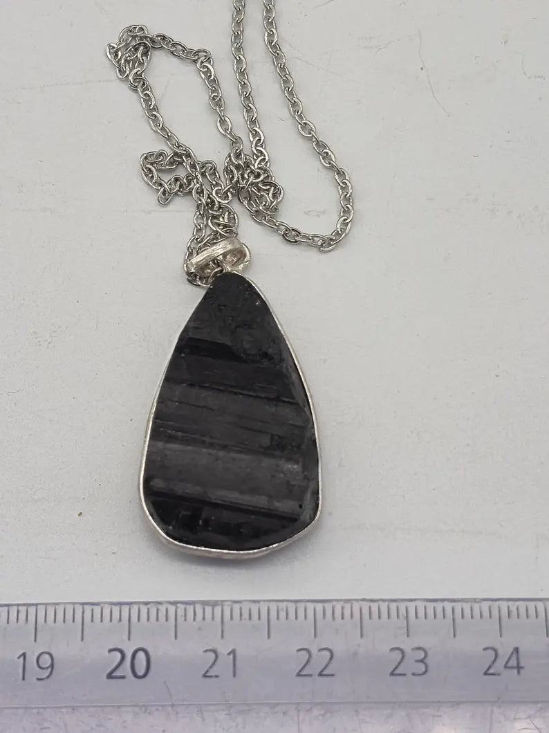 Raw Black Tourmaline Pendant Necklace in Silver Bezel with Steel Chain