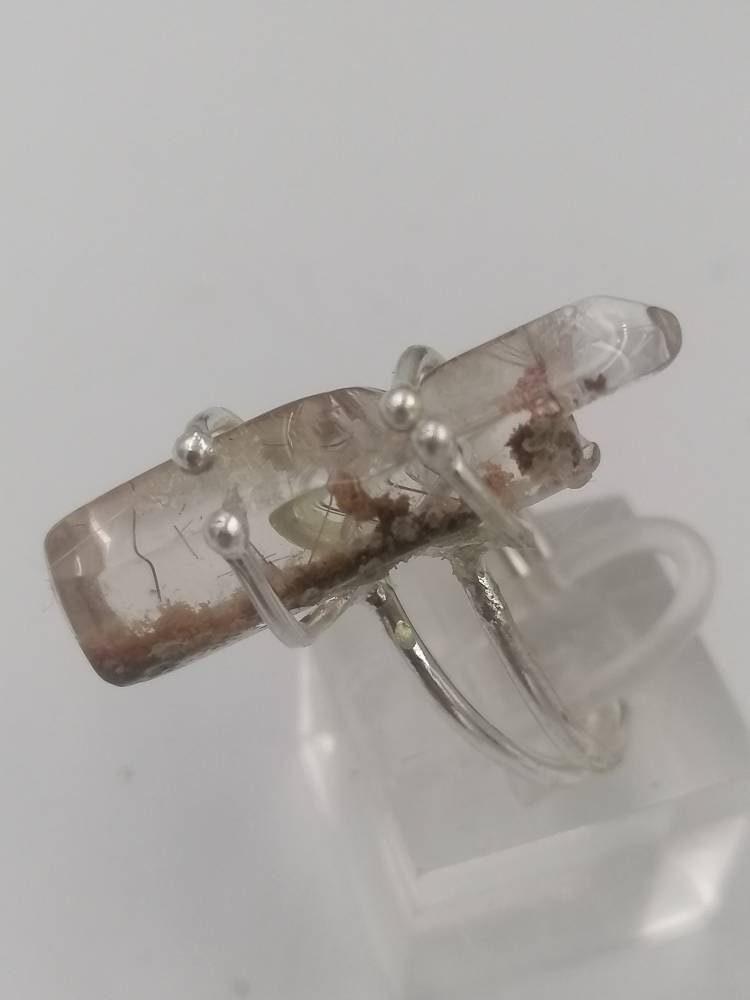 Sterling silver 925 ring with natural gems crystal quartz garden oxidation of hematite faceted cut - Chakra Alignment, Aura Protection