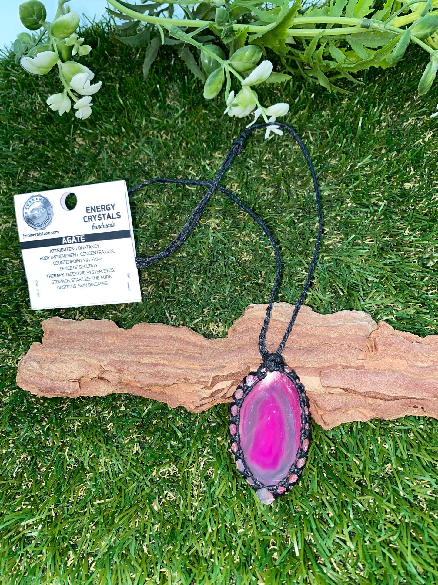 Crystal Agate Slice Pink Mineral Stone Brazilian Crystal Healing Makrame Wrapped Necklace Protection Gift Accessories