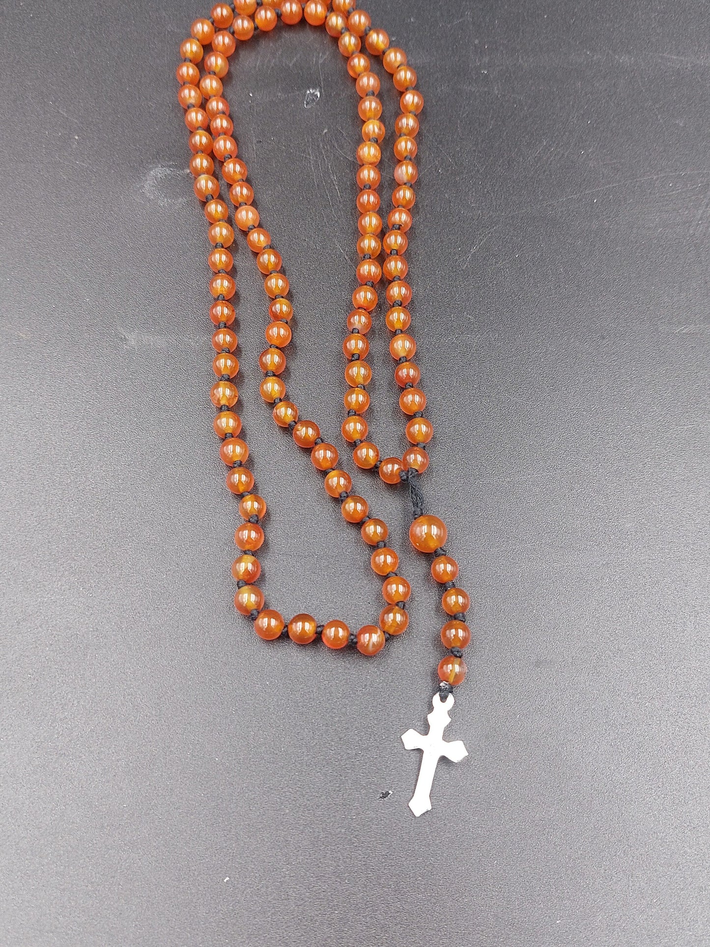 Carnelian Crystal Rosary Beads with 925 Sterling Silver Medal Cross Piece