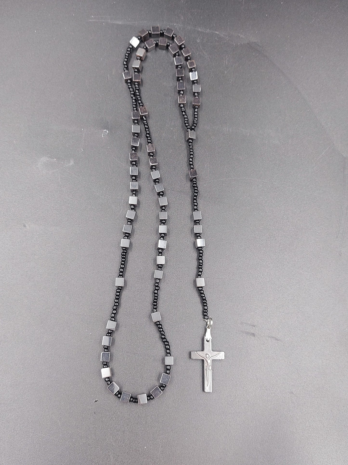Hematite Crystal Rosary Beads with 925 Sterling Silver Medal Cross Piece
