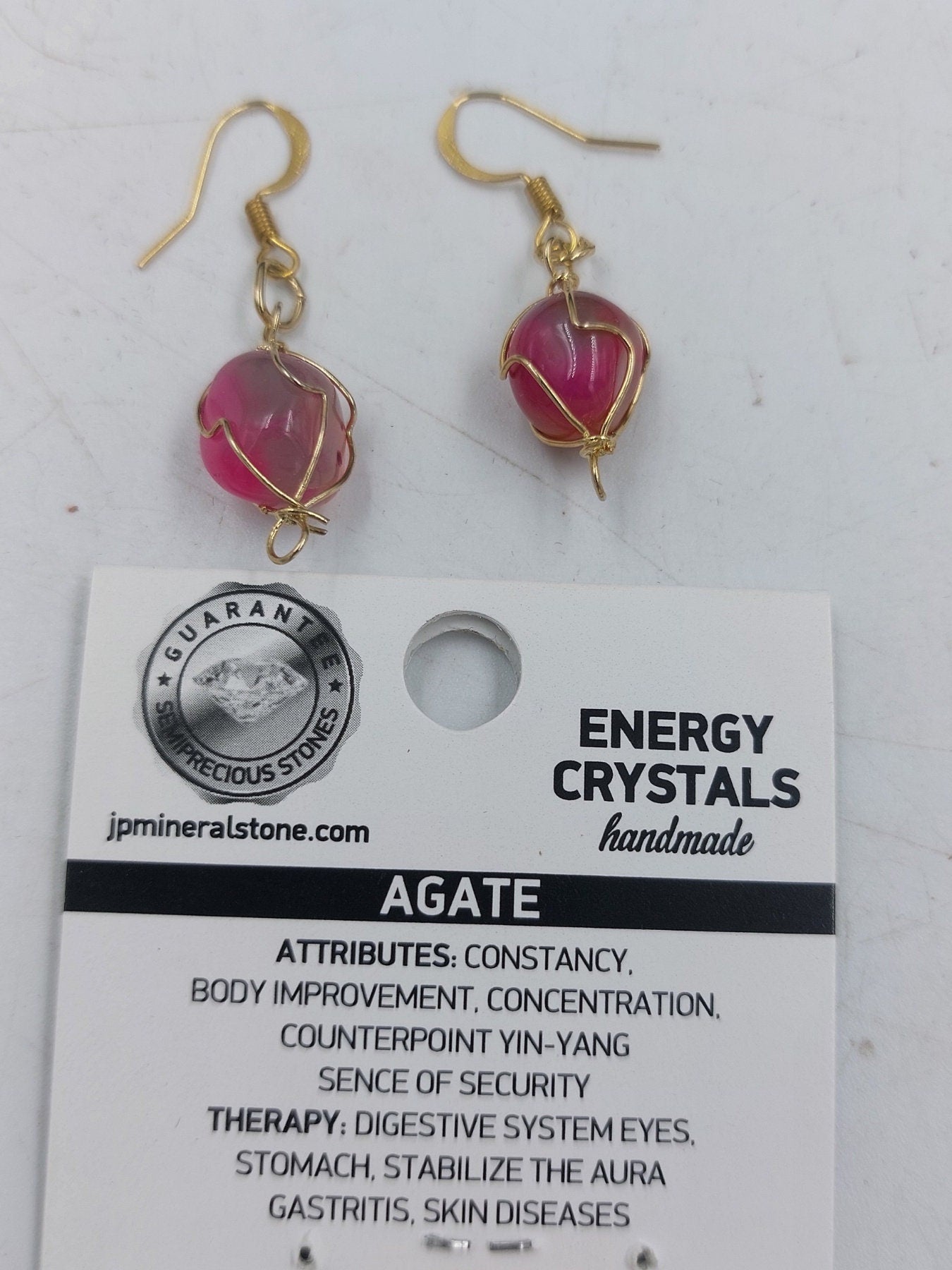 Pink Agate Crystal Earrings Gold Plated Handmade