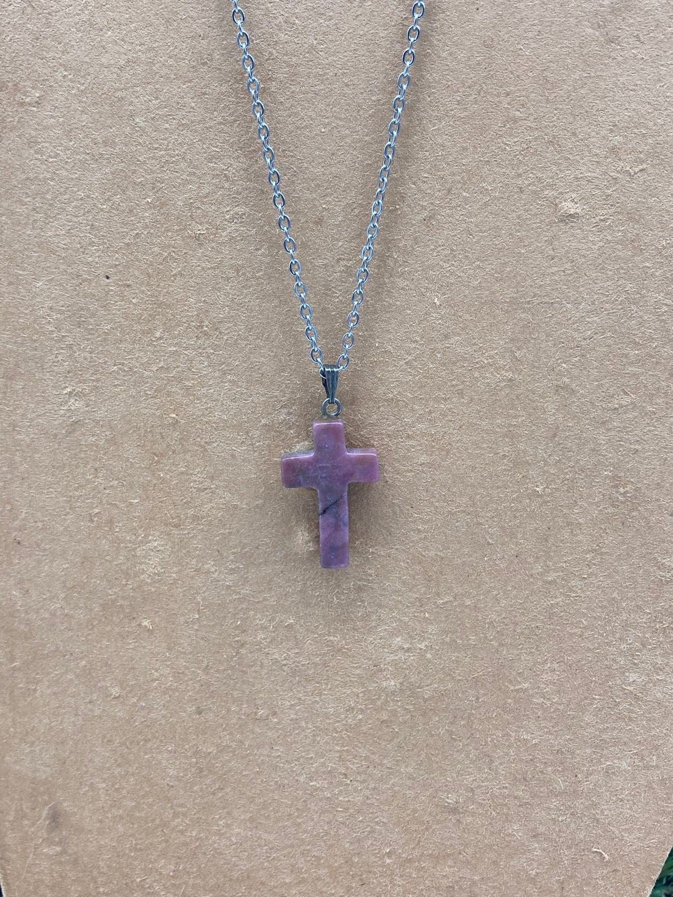 Rhodonite Crystal Cross Sterling Steel Necklace