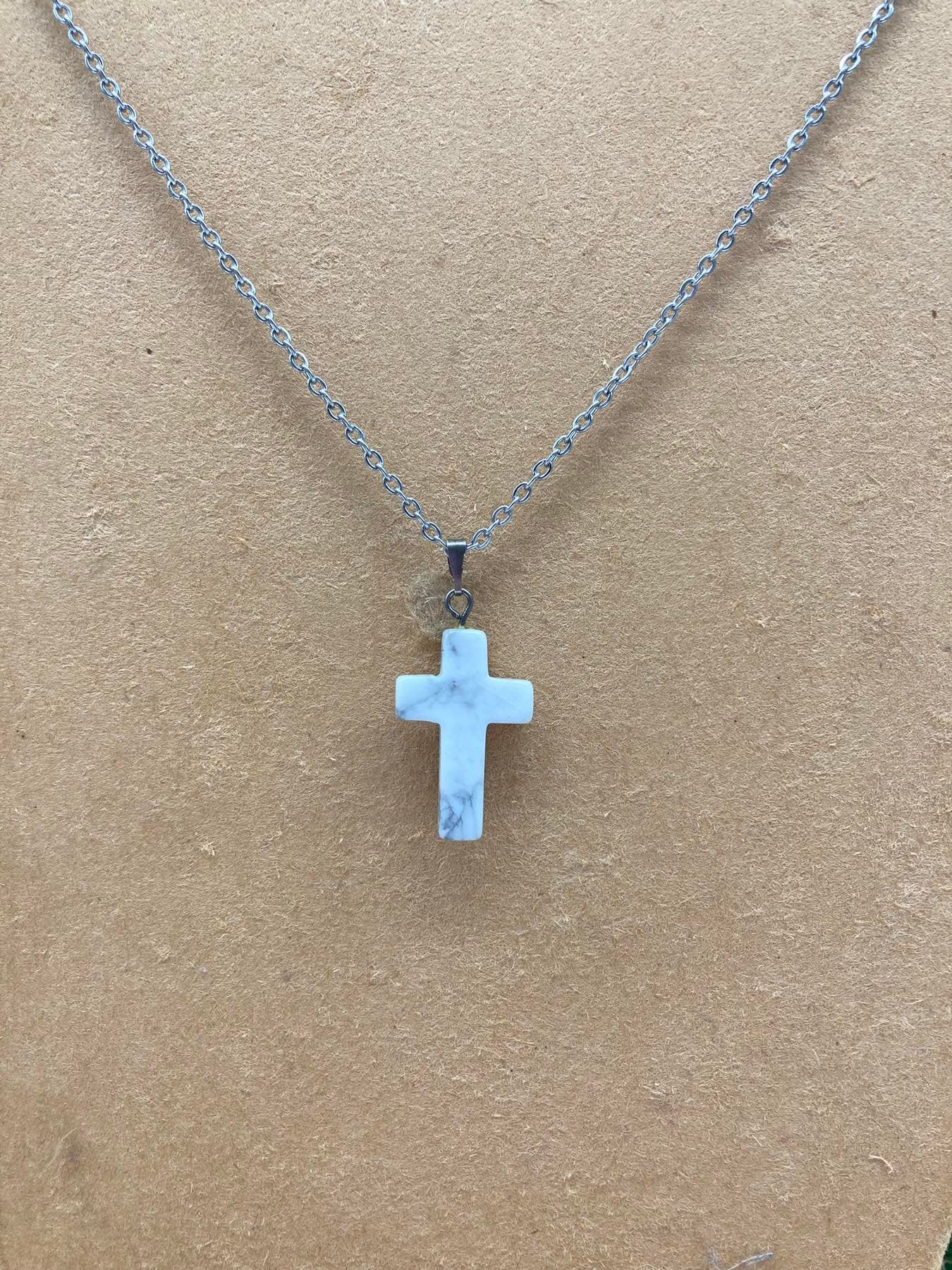 Howlite Crystal Cross Sterling Steel Necklace
