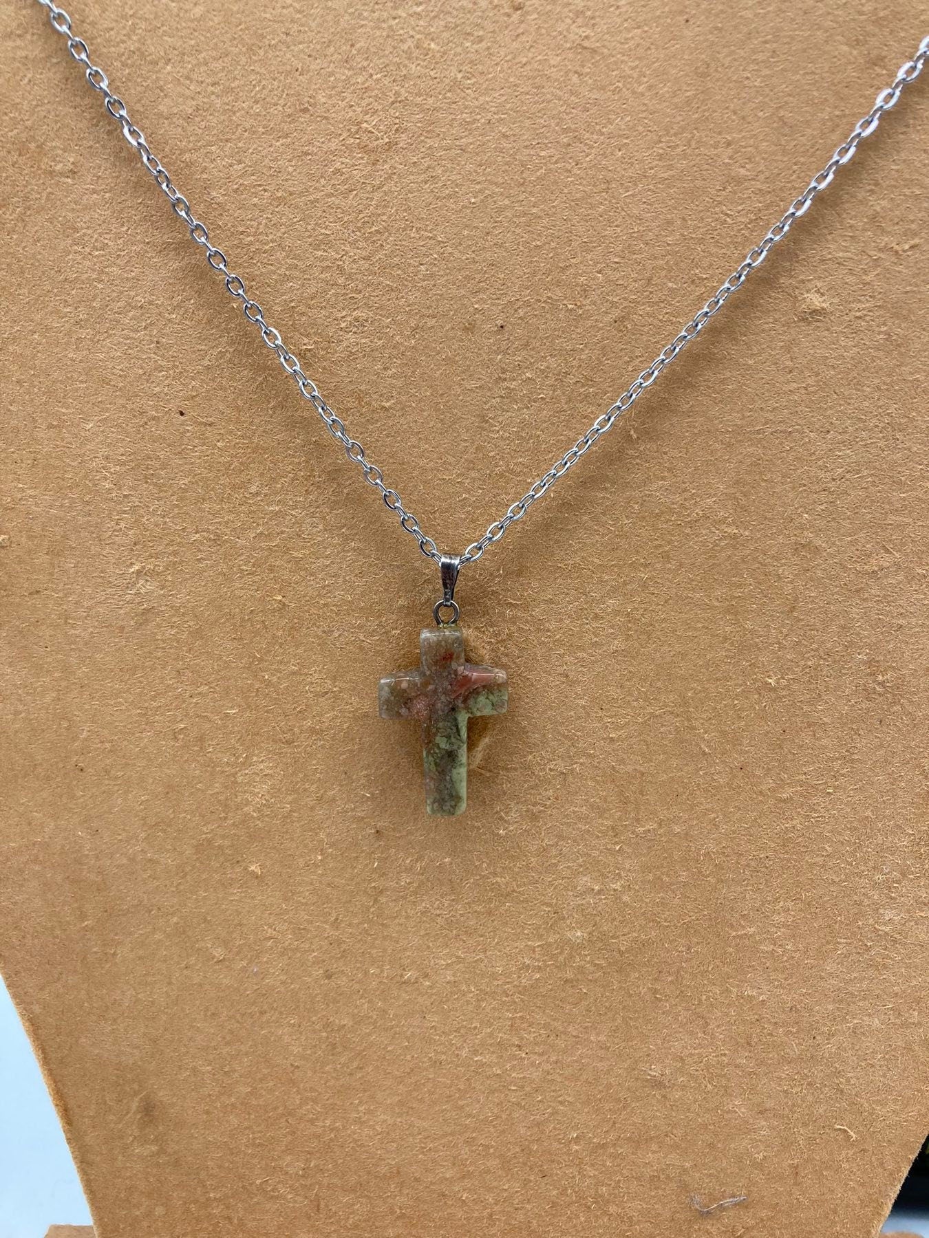 Unakite Jasper Crystal Cross Sterling Steel Necklace