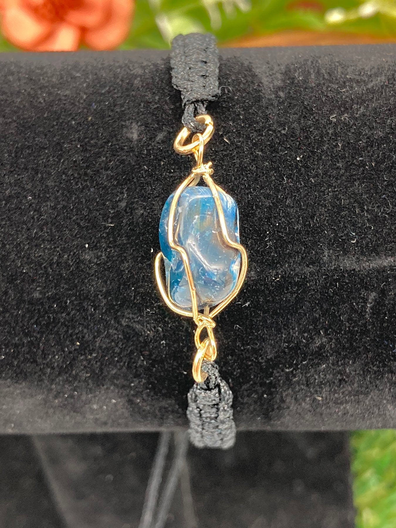 Blue Agate Crystal Macrame Bracelet with Gold Plated Wrap