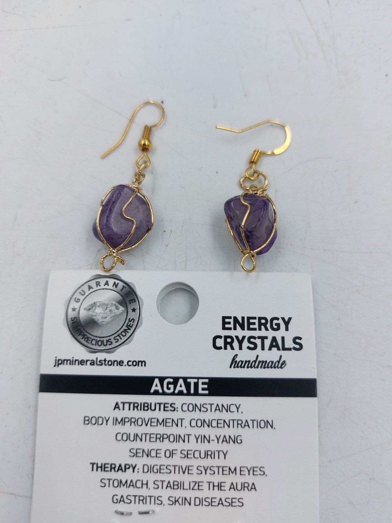 Purple Agate Crystal Earrings Gold Plated Handmade