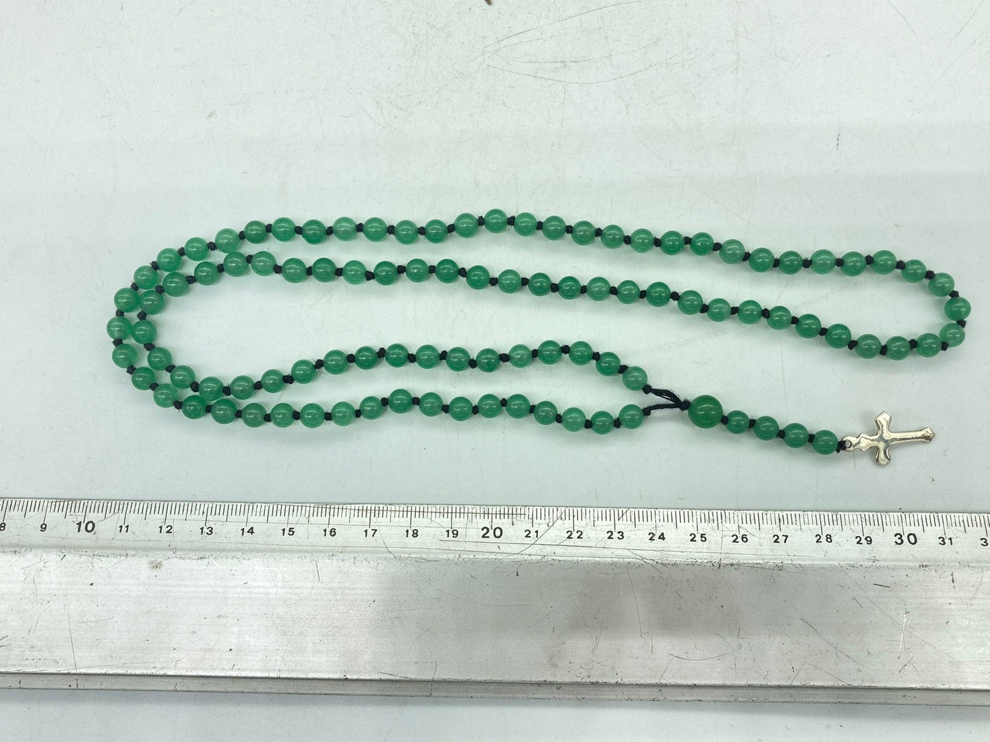 Jade Crystal Rosary Beads with 925 Sterling Silver Medal Cross Piece