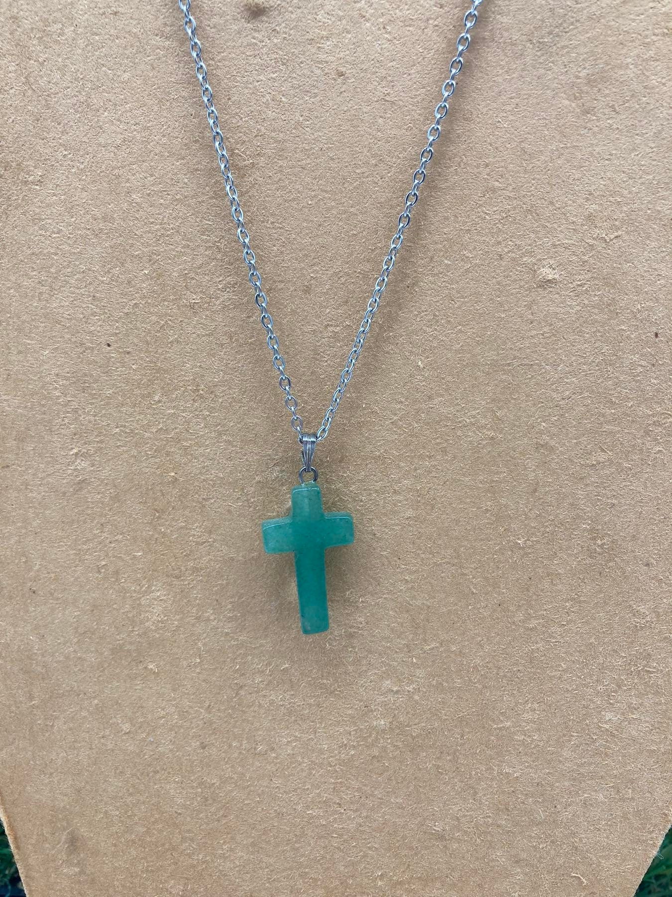 Green Aventurine Crystal Cross Sterling Steel Necklace