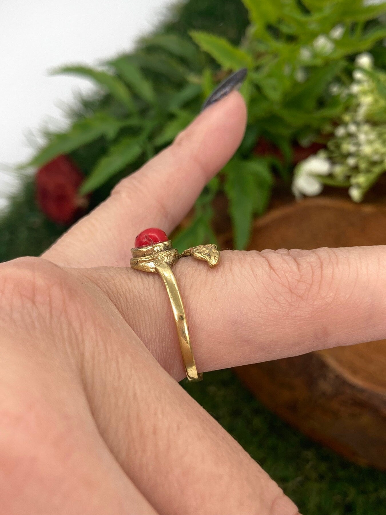 Natural Red Coral Brass Ring