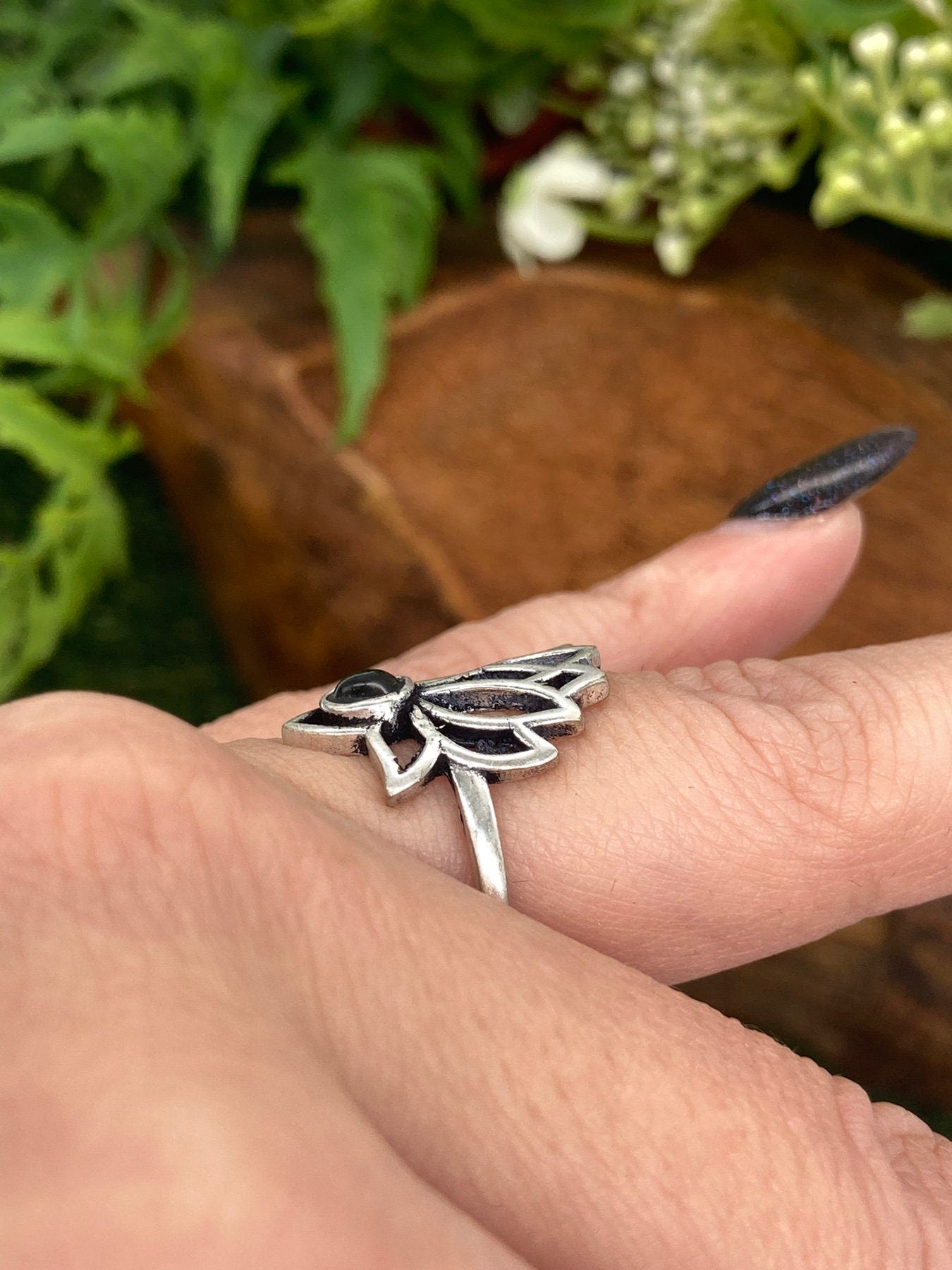 Black tourmaline Crystal Silver Plated Adjustable Ring