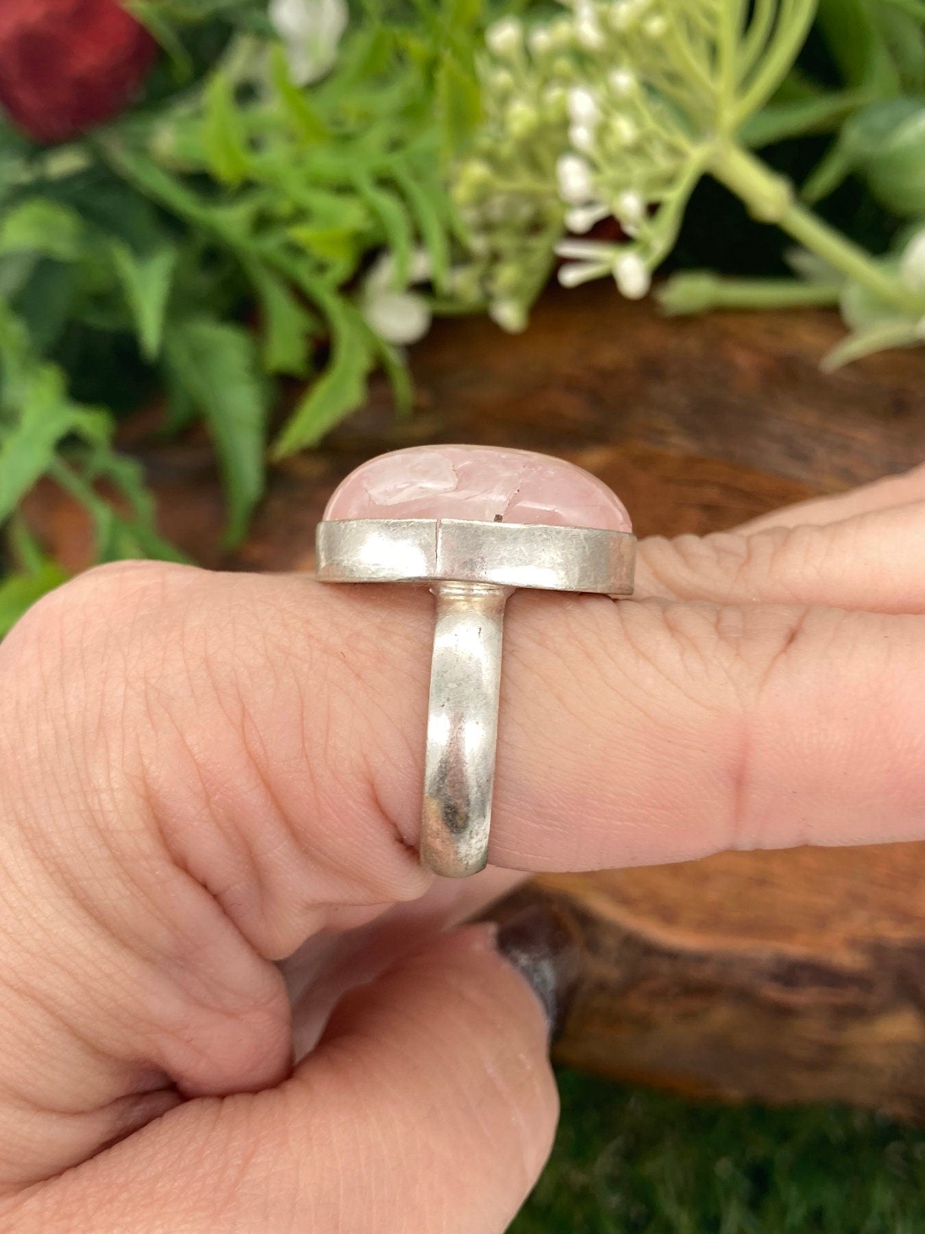 Rose Quartz Crystal Silver Plated Adjustable Statement Ring