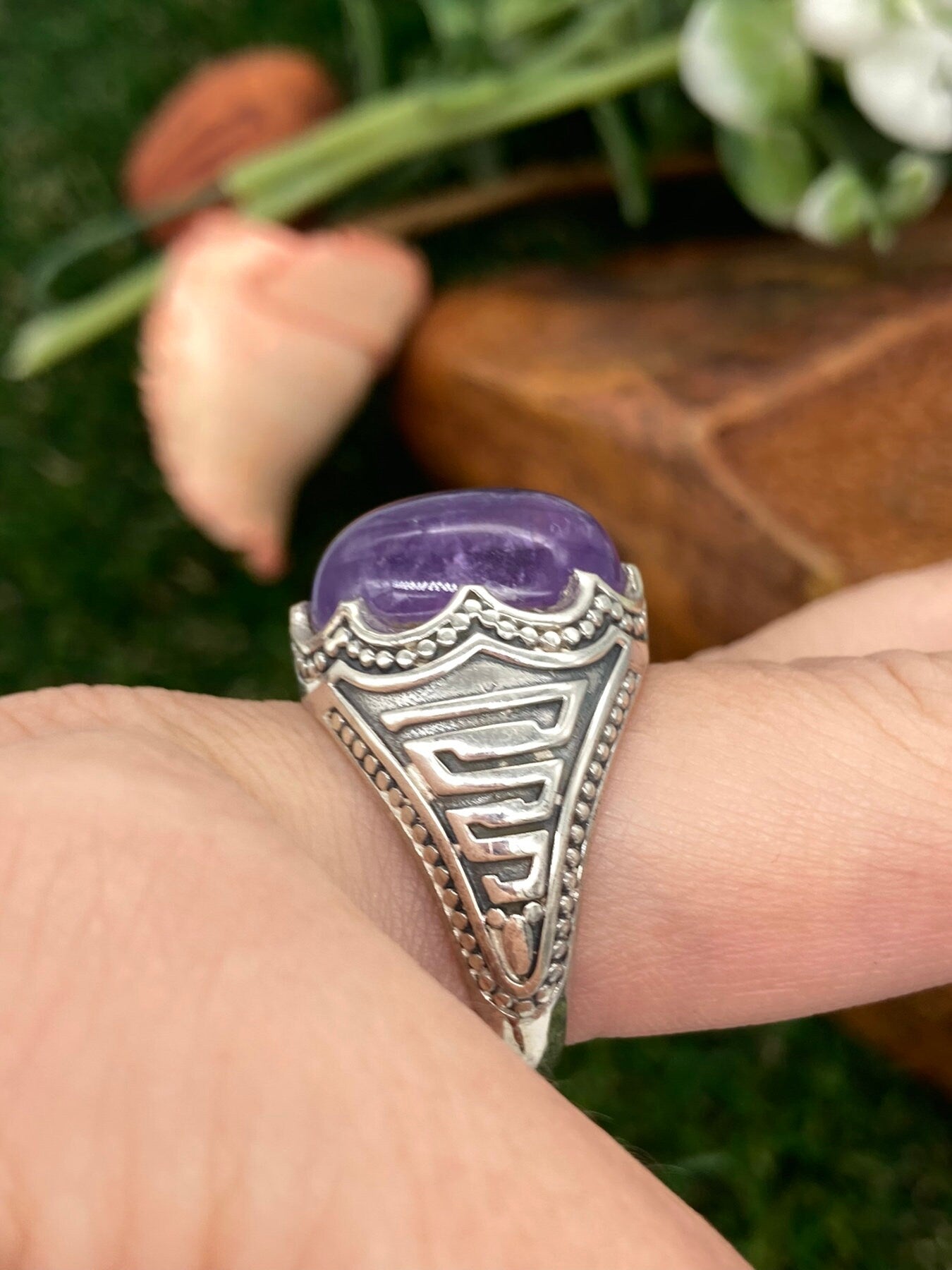 Amethyst Crystal Sterling Silver 925 Cabochon Cut Statement Ring Top Quality Handmade