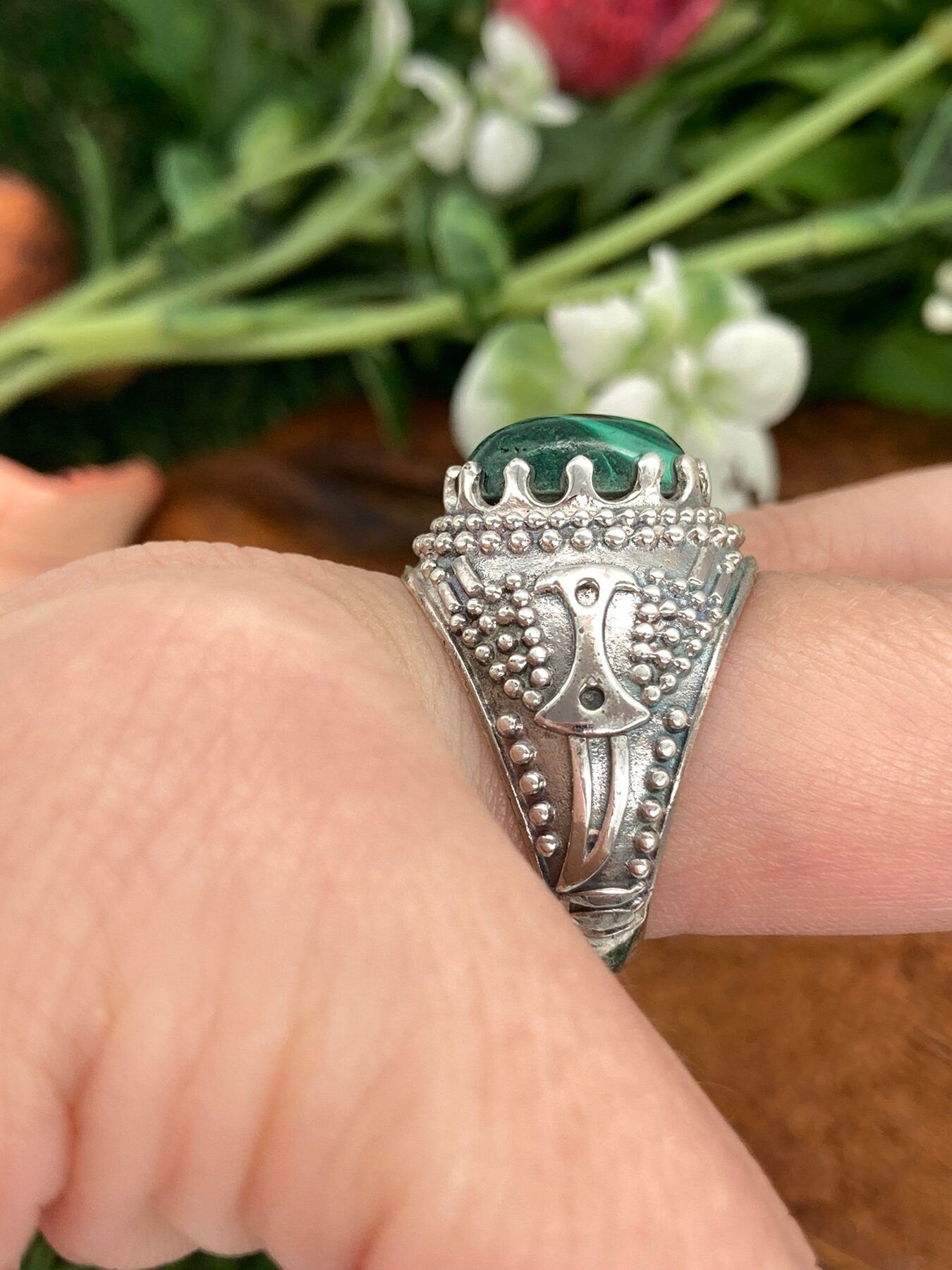Malachite Crystal Sterling Silver 925 Cabochon Cut Statement Ring Top Quality Handmade