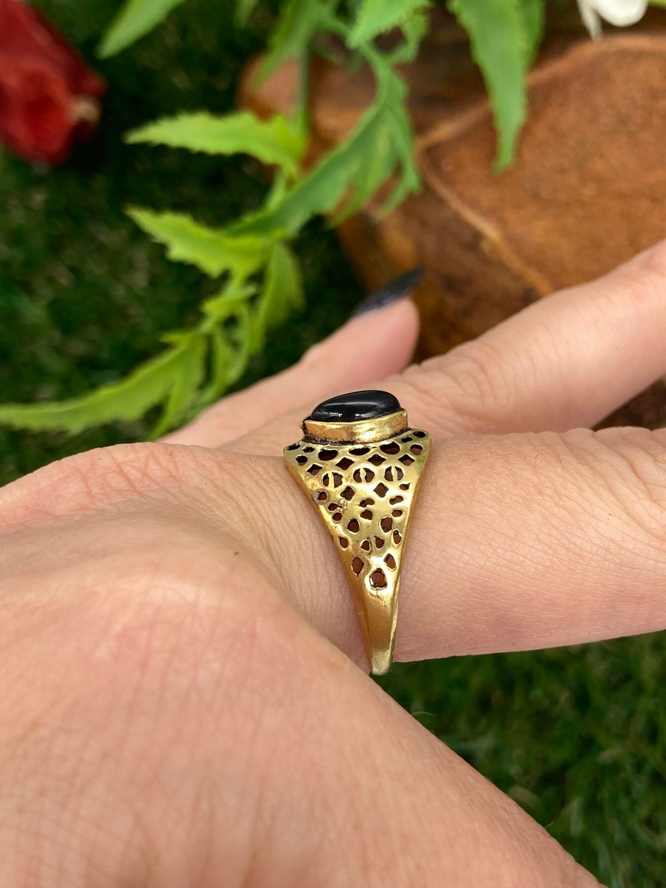 Black Obsidian Crystal Brass Ring