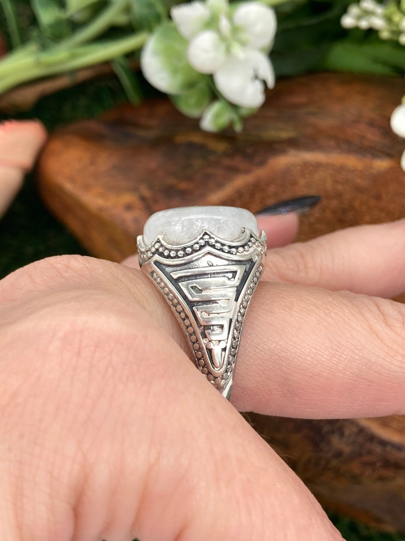 Rainbow Moonstone Crystal Sterling Silver 925 Cabochon Cut Statement Ring Top Quality Handmade