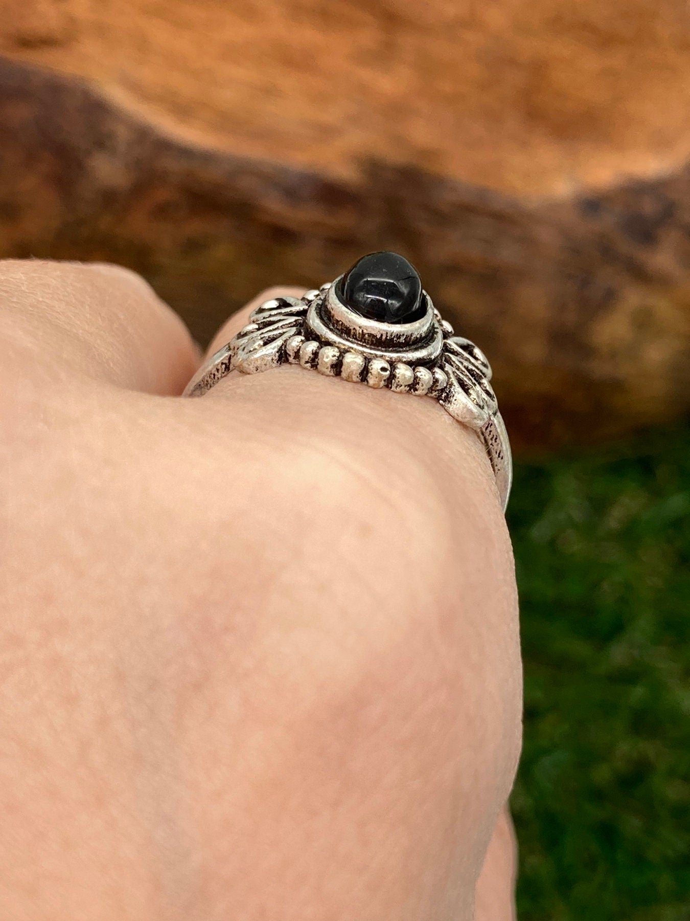 Black Obsidian Crystal Silver Plated Adjustable Ring- Jewelry- Protection against negative energies- Grounding