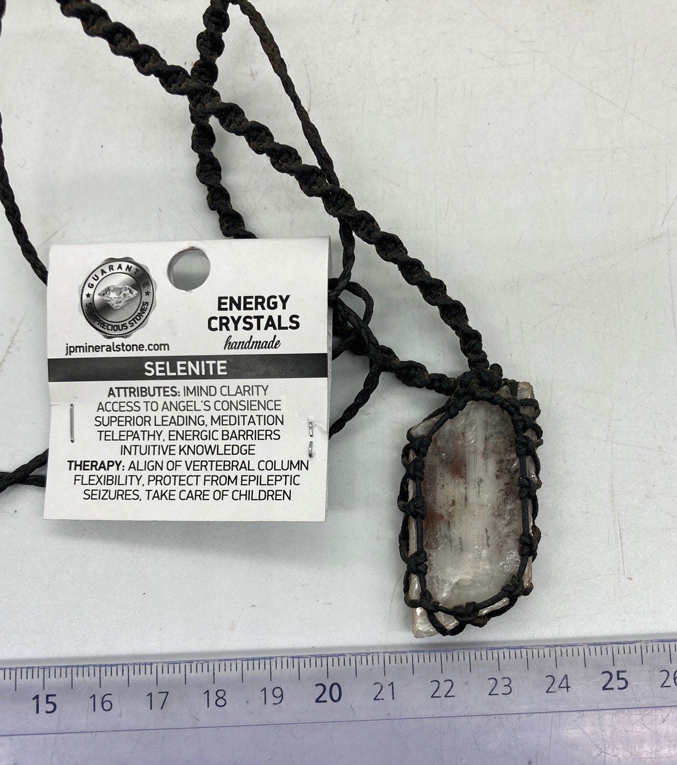 Greek Selenite Crystal with Oxidised Metal Inclusions Macrame Necklace