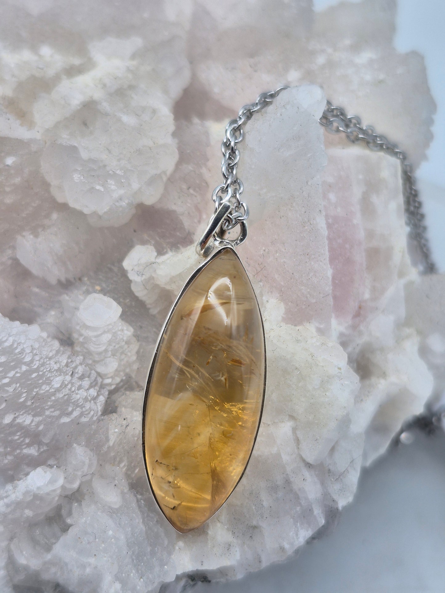 Real Natural Citrine Necklace Silver Bezel 925 Pendant – Untreated Citrine Crystal Jewelry with Stainless Steel Chain – November Birthstone