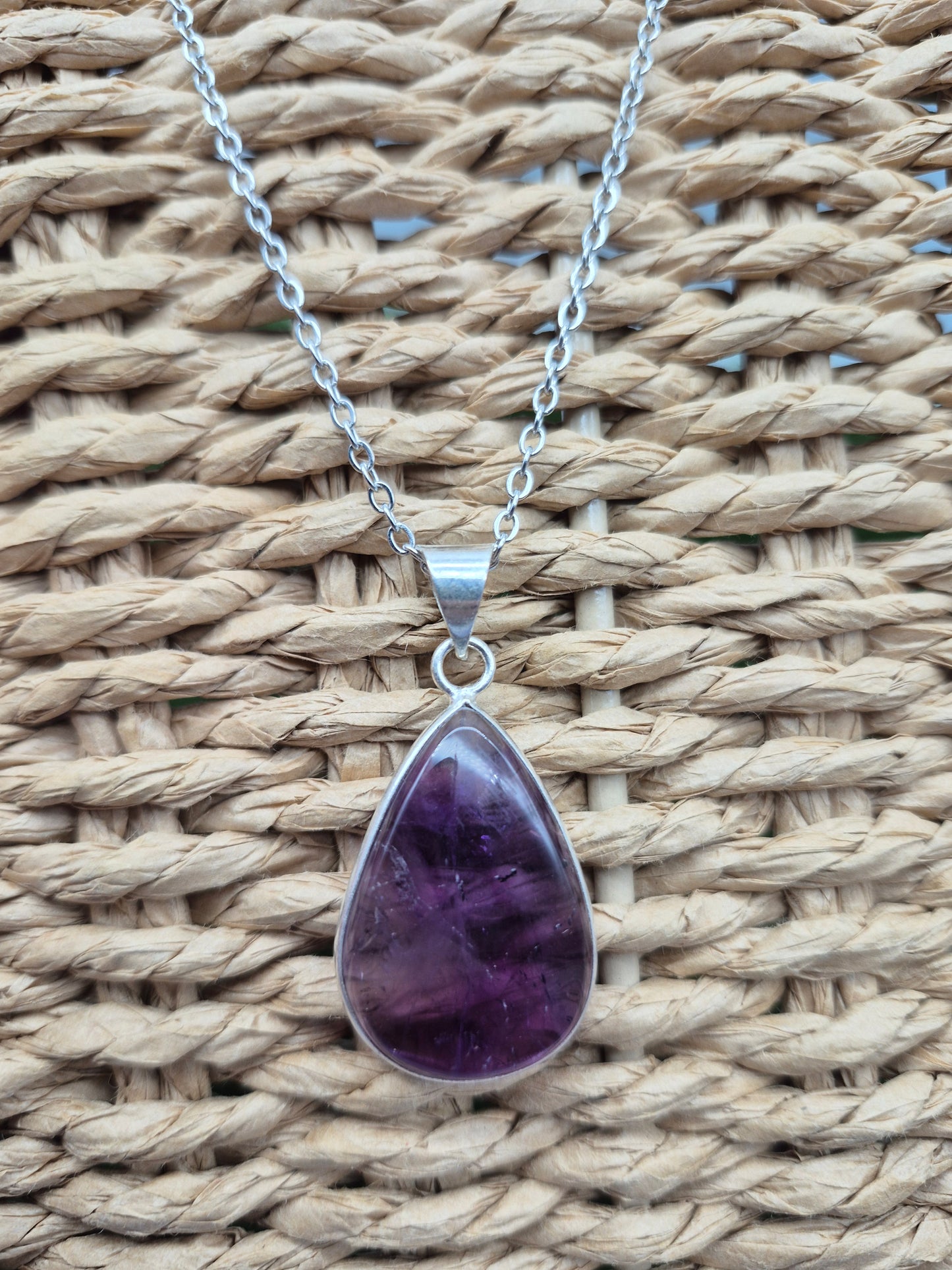 Amethyst Silver Plated Necklace in Steel Chain - Purple Crystal Pendant