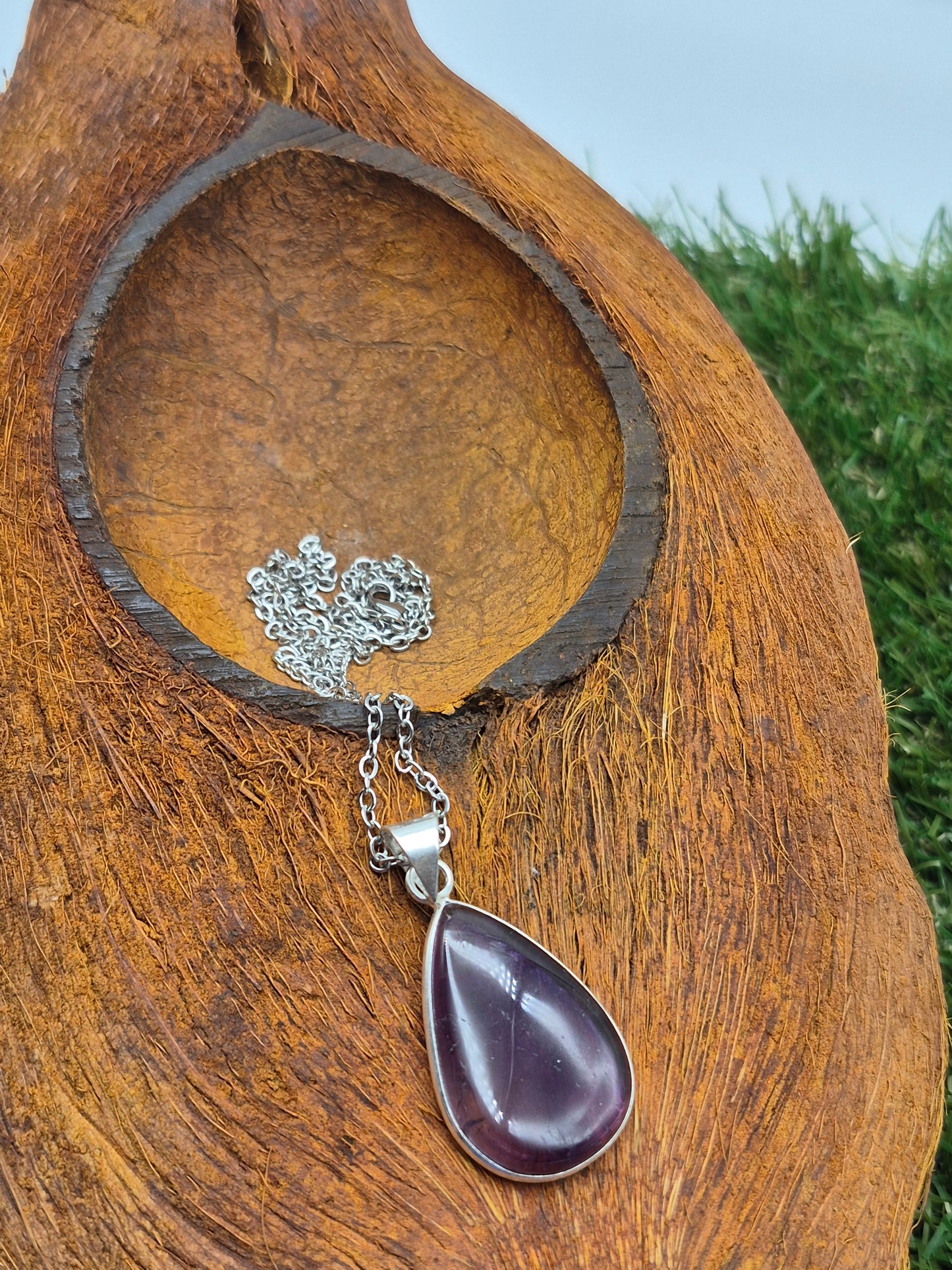 Amethyst Silver Plated Necklace in Steel Chain - Purple Crystal Pendant