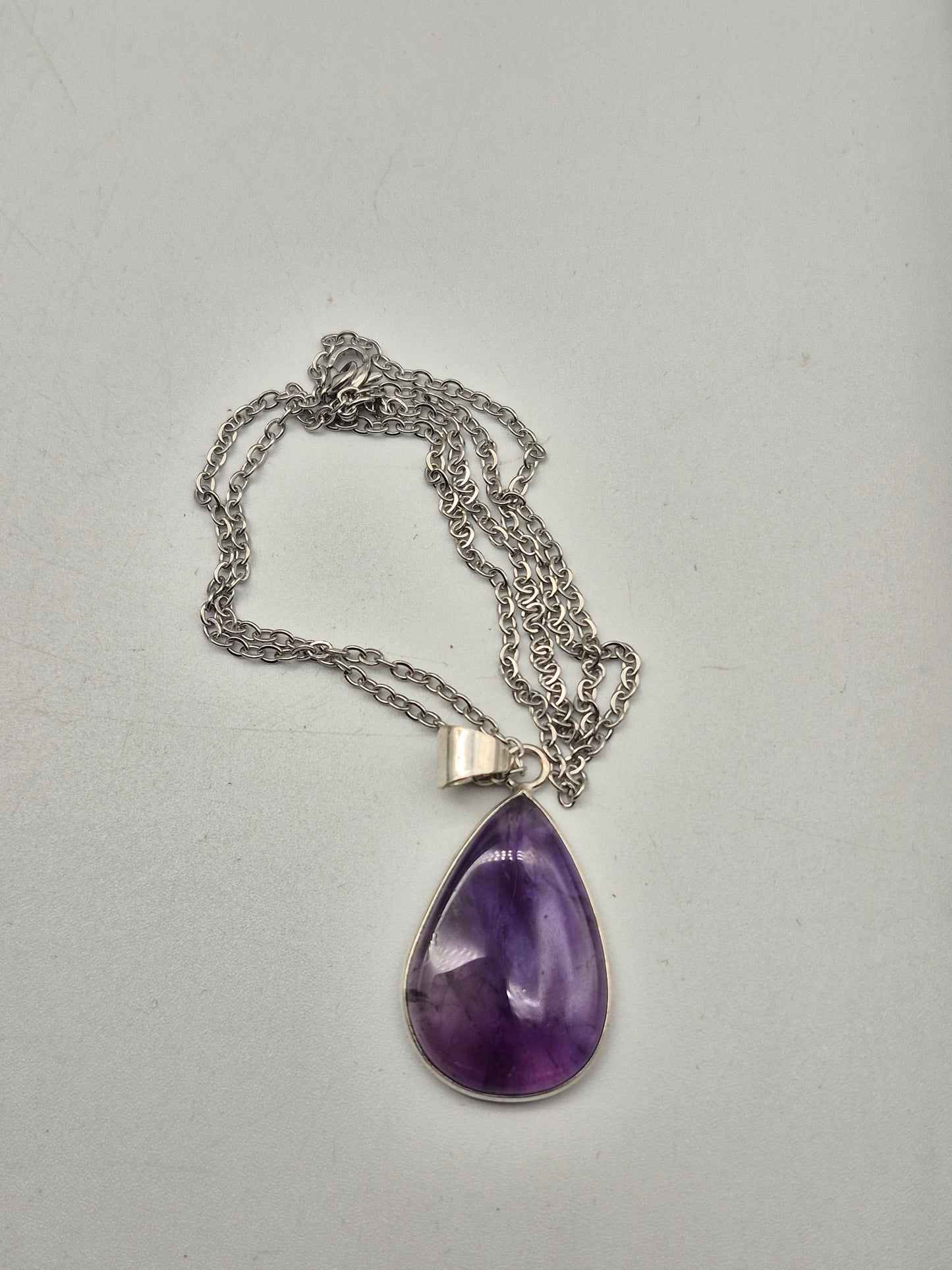Amethyst Silver Plated Necklace in Steel Chain - Purple Crystal Pendant