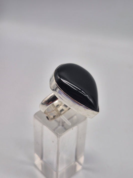 Black Obsidian Adjustable Ring – Silver Plated Cabochon Protection Crystal Jewelry