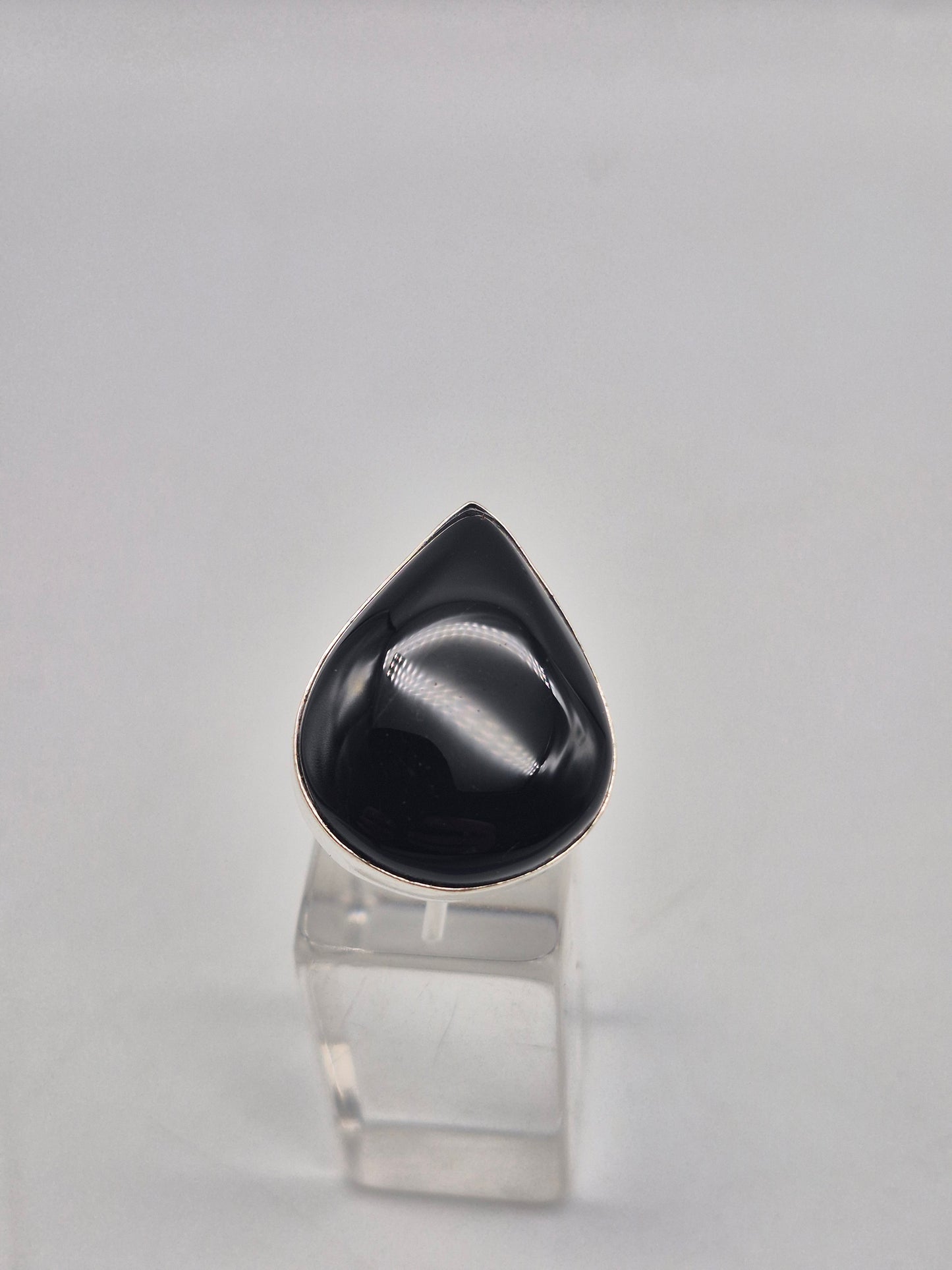 Black Obsidian Adjustable Ring – Silver Plated Cabochon Protection Crystal Jewelry