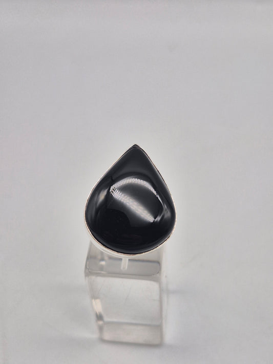 Black Obsidian Adjustable Ring – Silver Plated Cabochon Protection Crystal Jewelry