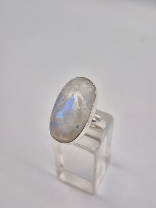 Rainbow Moonstone Adjustable Ring – Silver Plated Cabochon Iridescent Healing Crystal Jewelry