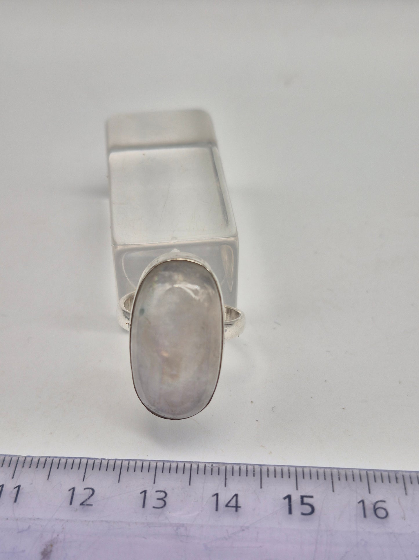 Rainbow Moonstone Adjustable Ring – Silver Plated Cabochon Iridescent Healing Crystal Jewelry