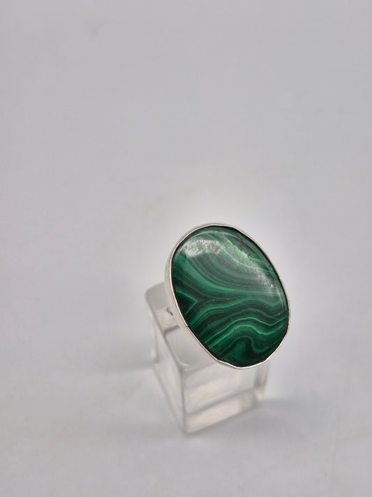 Malachite Adjustable Ring – Silver Plated Green Cabochon - Healing Crystal Jewelry