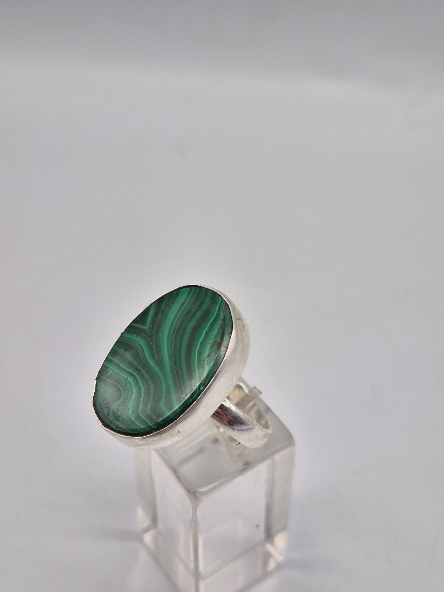 Malachite Adjustable Ring – Silver Plated Green Cabochon - Healing Crystal Jewelry