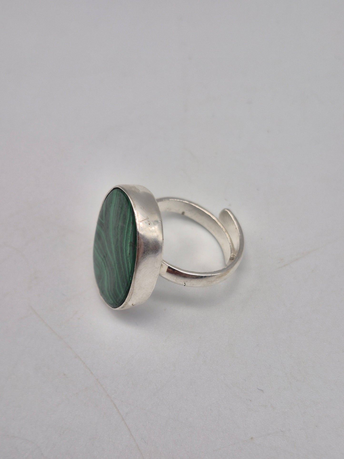 Malachite Adjustable Ring – Silver Plated Green Cabochon - Healing Crystal Jewelry