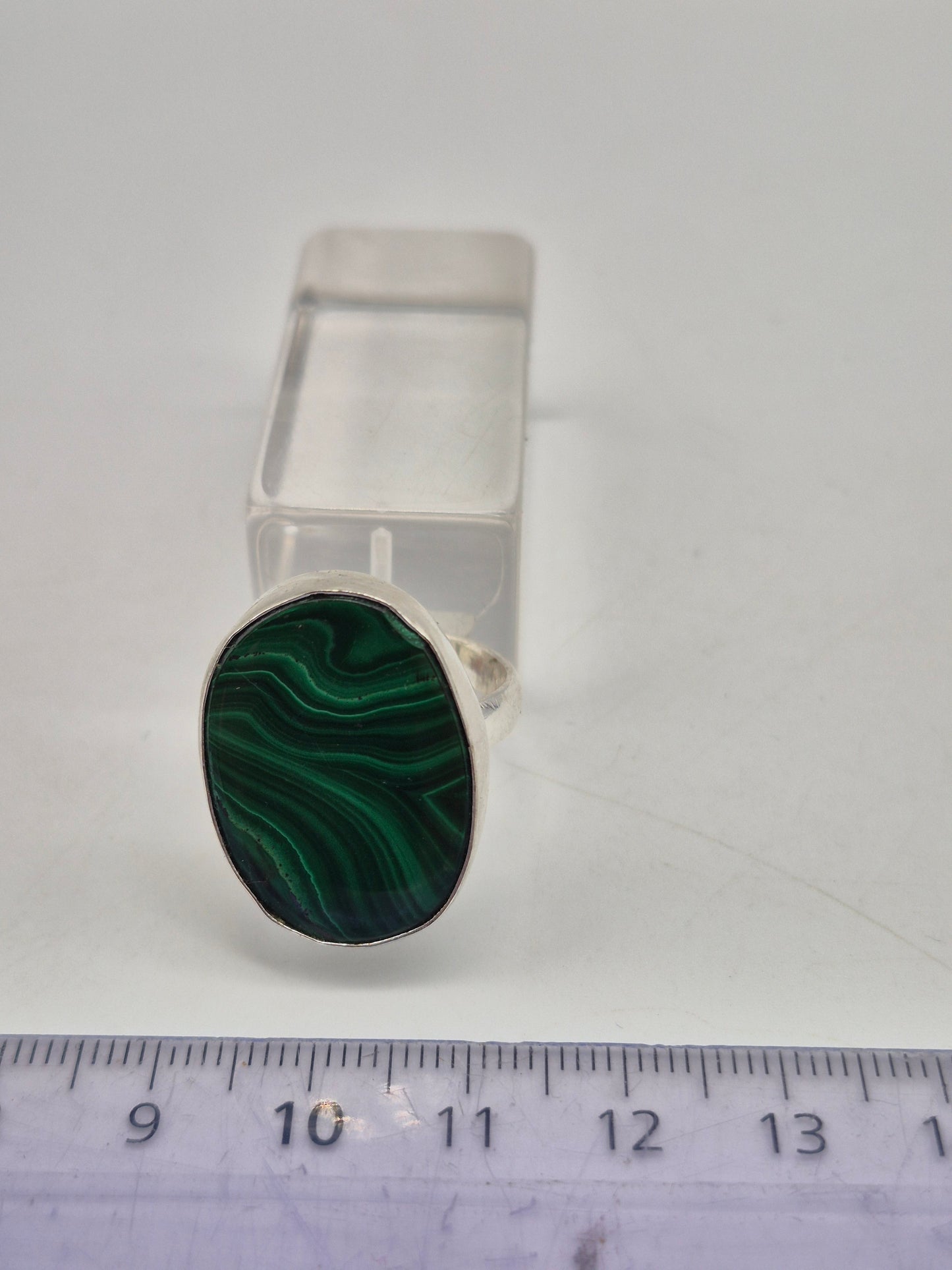 Malachite Adjustable Ring – Silver Plated Green Cabochon - Healing Crystal Jewelry