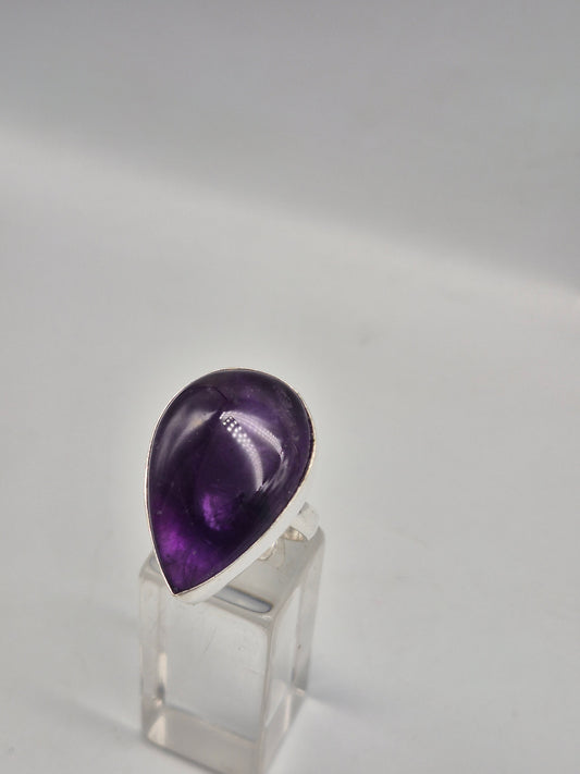 Amethyst Adjustable Ring – Silver Plated Cabochon - Purple Healing Crystal Jewelry