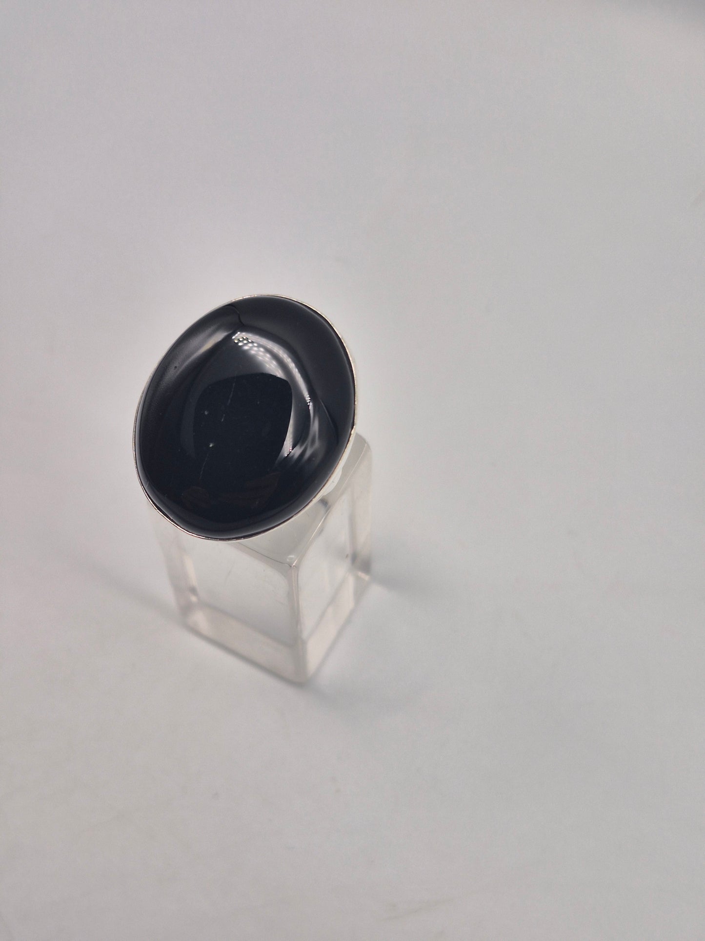 Black Obsidian Adjustable Ring – Silver Plated Cabochon Protection Crystal Jewelry