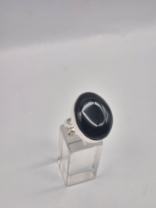 Black Obsidian Adjustable Ring – Silver Plated Cabochon Protection Crystal Jewelry