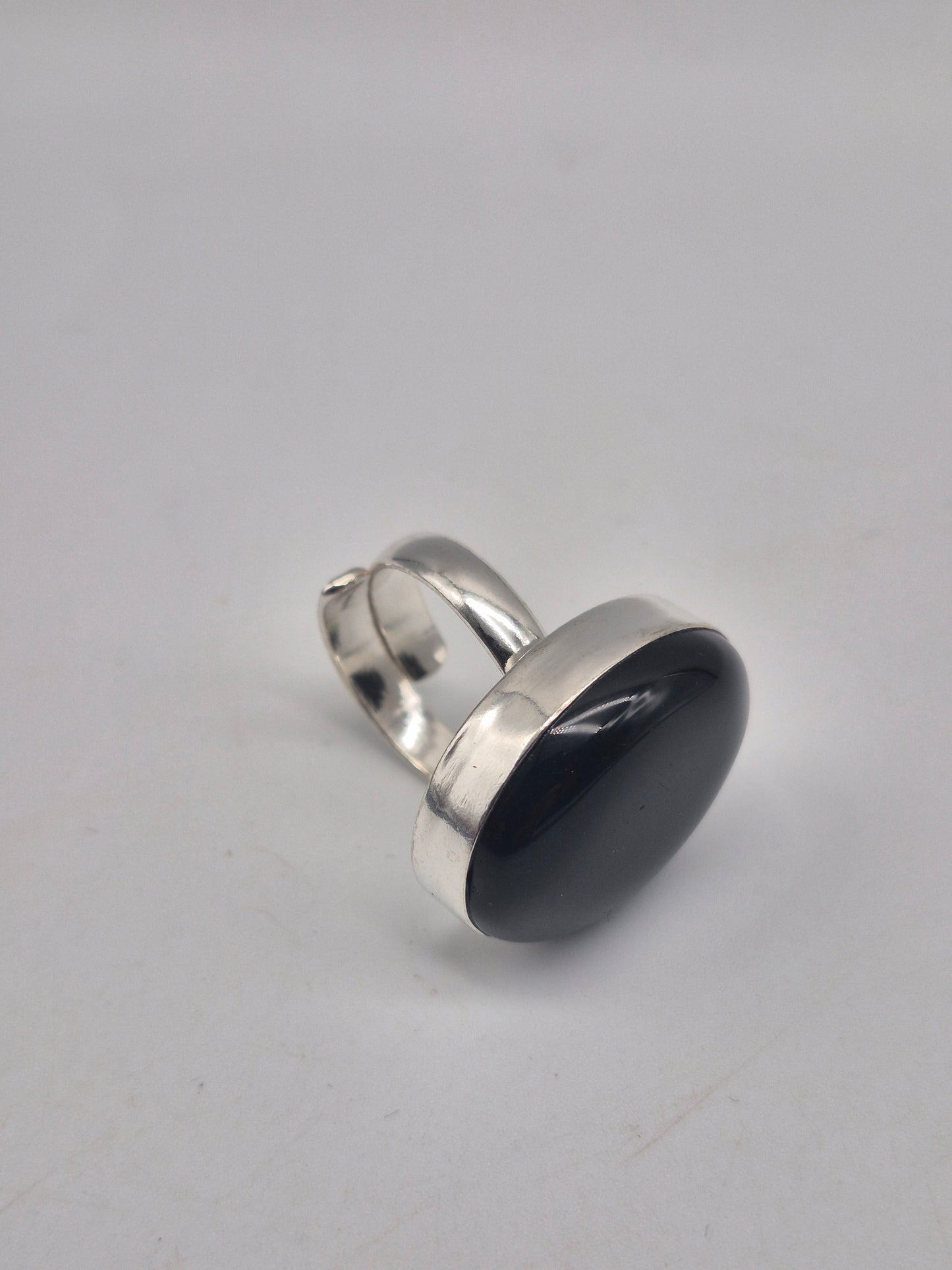 Black Obsidian Adjustable Ring – Silver Plated Cabochon Protection Crystal Jewelry